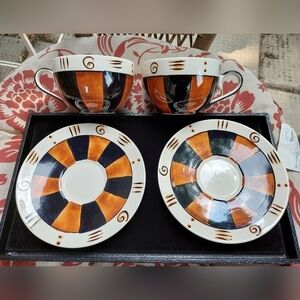 Vintage 60s Canhome 2 Pair Handpainted Large Coffee Cup and Saucer Sets